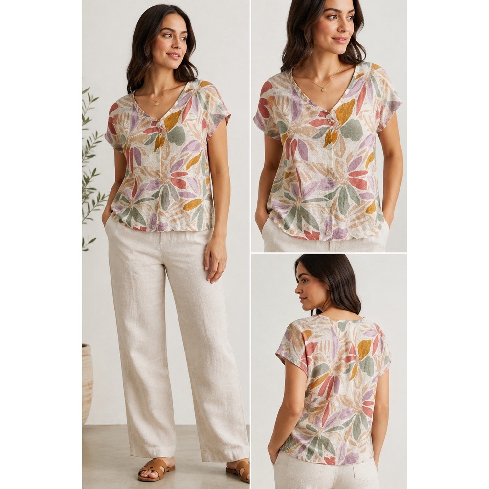 Nicole Miller 100% Linen Floral Button Front Top Medium Cottagecore Boho
